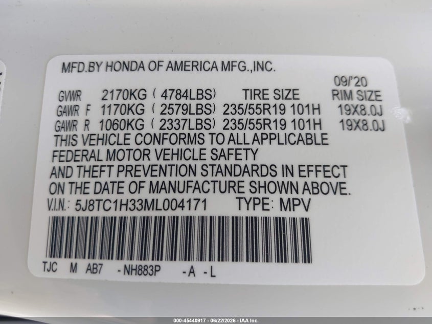 2021 Acura Rdx VIN 5J8TC1H33ML004171 IAAI salvage auction — LEFT FRONT, Salvage - Greater Than 75% (Maryland), sold $6,700 on 2026-07-09 (photo 9)
