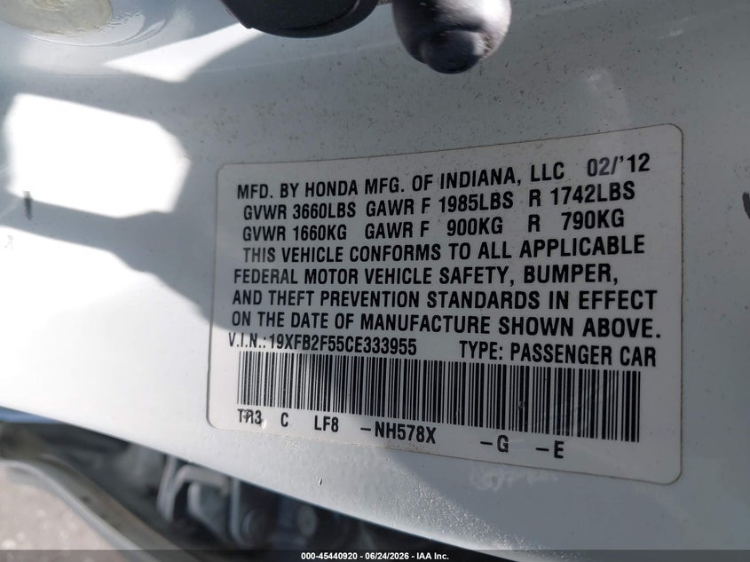 2012 Honda Civic VIN 19XFB2F55CE333955 IAAI salvage auction — SIDE, Salvage Title, sold $1,400 on 2026-07-12 (photo 9)