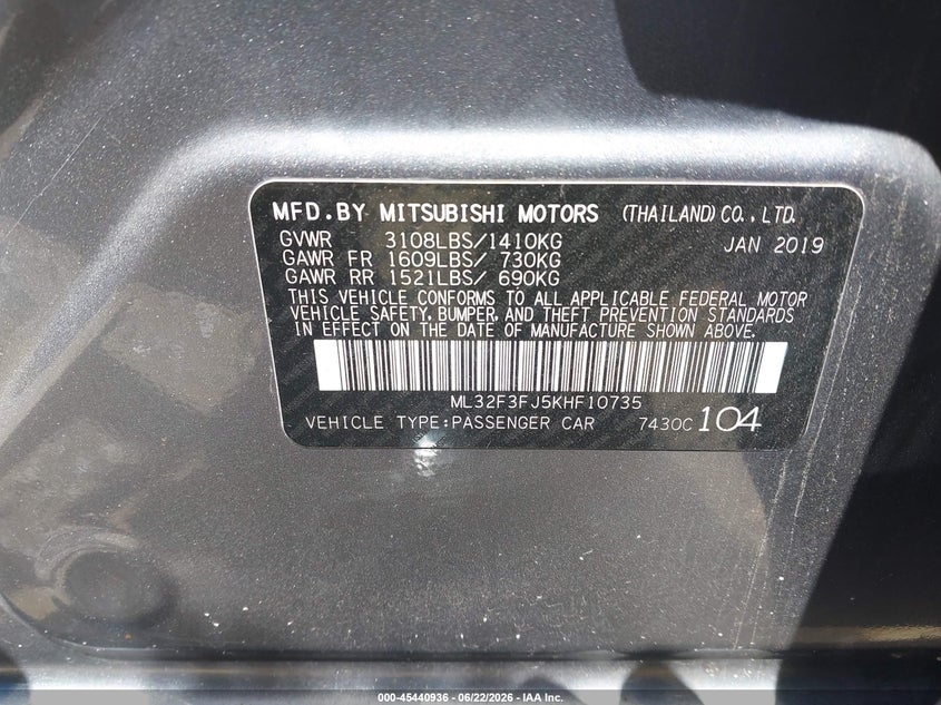2019 Mitsubishi Mirage VIN ML32F3FJ5KHF10735 IAAI salvage auction — REAR END, Salvage (Illinois), sold $850 on 2026-07-21 (photo 9)