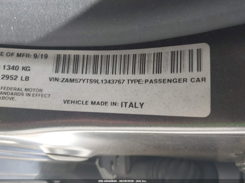 2020 Maserati Ghibli VIN ZAM57YTS9L1343767 IAAI salvage auction — FRONT & REAR, Original (Texas), sold $8,500 on 2026-08-08 (photo 9)