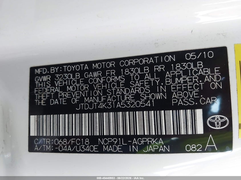 2010 Toyota Yaris VIN JTDJT4K31A5320541 IAAI salvage auction — FRONT END, Rebuildable (Florida), sold $375 on 2026-07-28 (photo 9)