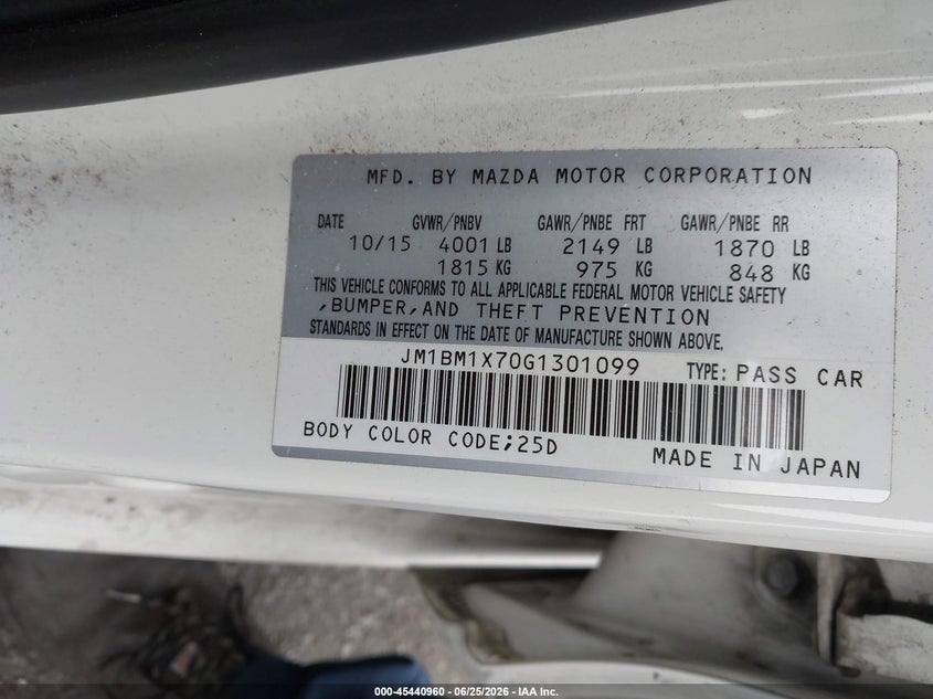 2016 Mazda 3 VIN JM1BM1X70G1301099 IAAI salvage auction — LEFT SIDE, Salvage Certificate (California), sold $1,775 on 2026-07-10 (photo 9)