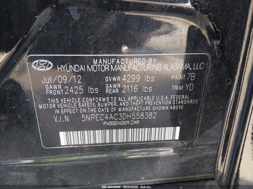 2013 Hyundai Sonata VIN 5NPEC4AC3DH558382 IAAI salvage auction — REAR END, Salvage (Missouri), sold $25 on 2026-07-28 (photo 9)