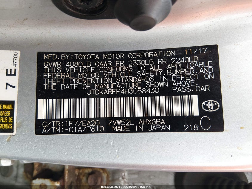 2017 Toyota Prius VIN JTDKARFP4H3058430 IAAI salvage auction — NORMAL WEAR, Clear (New York), sold $4,050 on 2026-07-16 (photo 9)