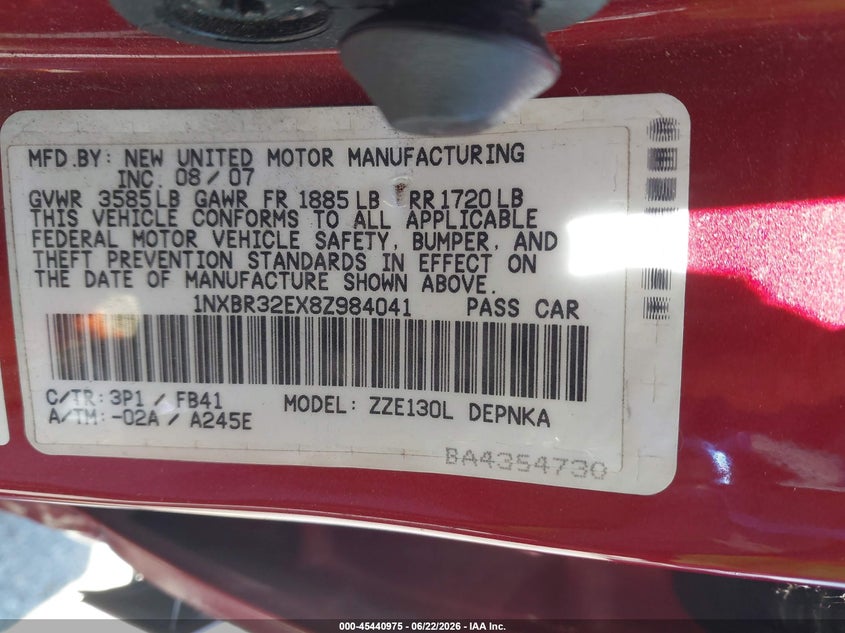 2008 Toyota Corolla VIN 1NXBR32EX8Z984041 IAAI salvage auction — FRONT END, Salvage (California), sold $800 on 2026-07-10 (photo 9)