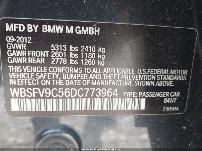 2013 BMW M5 VIN WBSFV9C56DC773964 IAAI salvage auction — REAR END, Salvage Title, sold $5,200 on 2026-07-12 (photo 9)