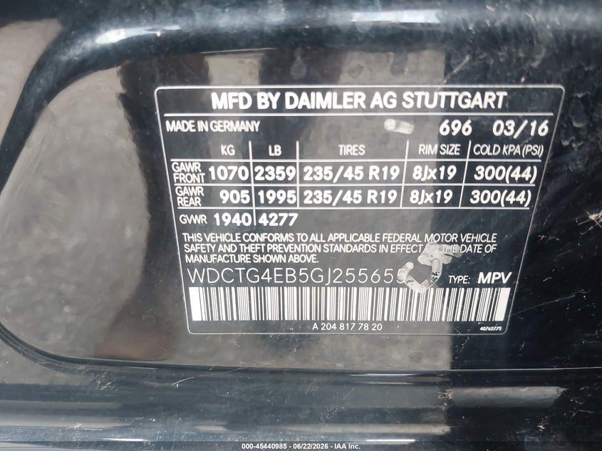 2016 Mercedes-benz Gla-klasse VIN WDCTG4EB5GJ255655 IAAI salvage auction — NORMAL WEAR, Original (Texas), sold $3,325 on 2026-07-15 (photo 9)