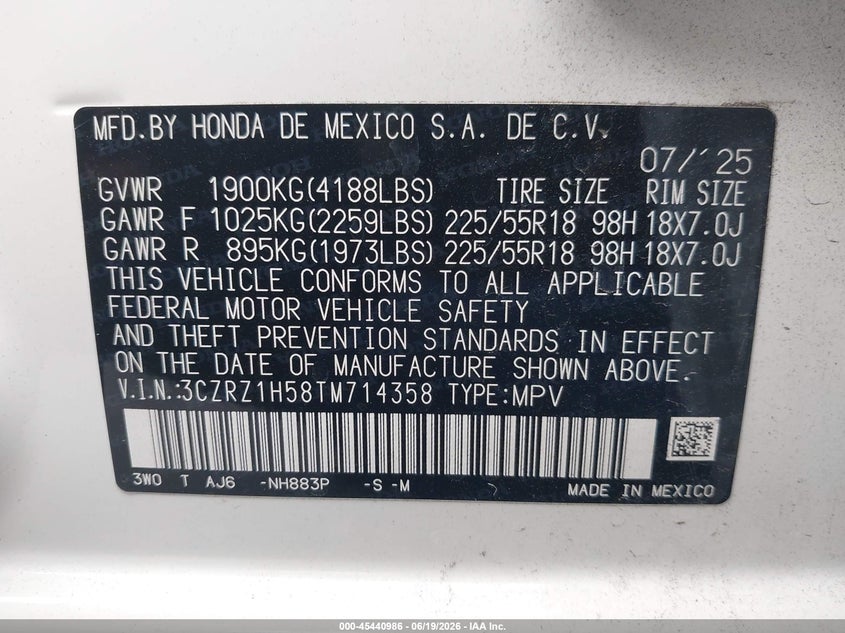 2026 Honda Hr-v VIN 3CZRZ1H58TM714358 IAAI salvage auction — SIDE, Salvage Title, sold $9,500 on 2026-07-29 (photo 9)