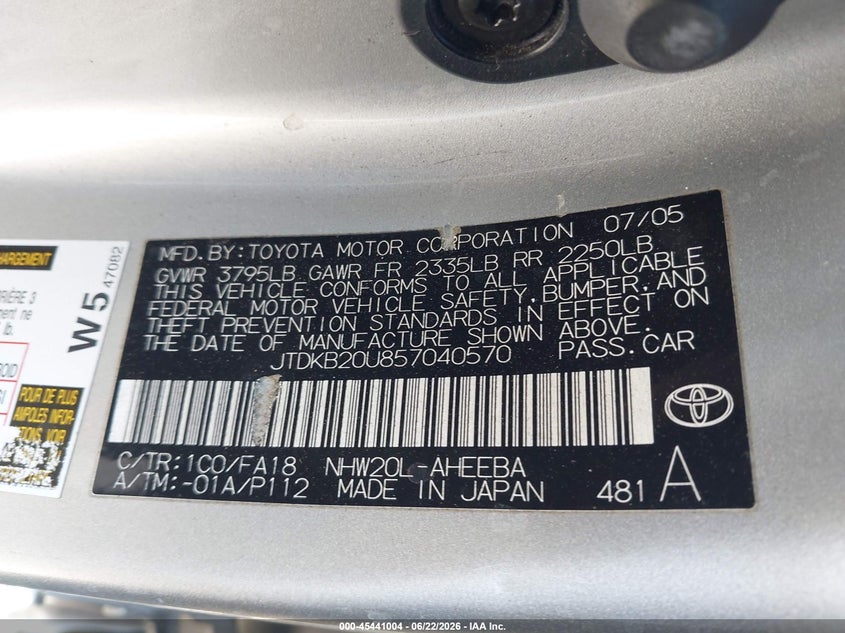 2005 Toyota Prius VIN JTDKB20U857040570 IAAI salvage auction — FRONT END, Salvage (California), sold $200 on 2026-07-28 (photo 9)