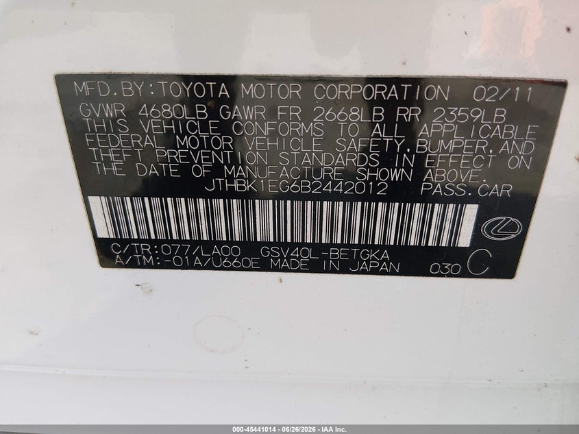2011 Lexus ES VIN JTHBK1EG6B2442012 IAAI salvage auction — REAR END, Rebuildable (Florida), sold $1,650 on 2026-07-17 (photo 9)