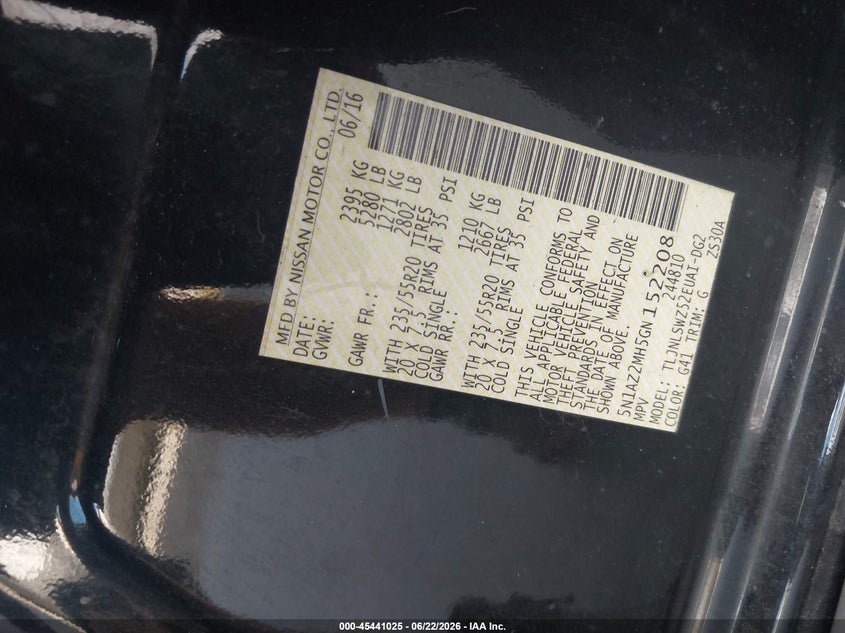 2016 Nissan Murano VIN 5N1AZ2MH5GN152208 IAAI salvage auction — NORMAL WEAR, Salvage Title, sold $2,400 on 2026-07-28 (photo 9)