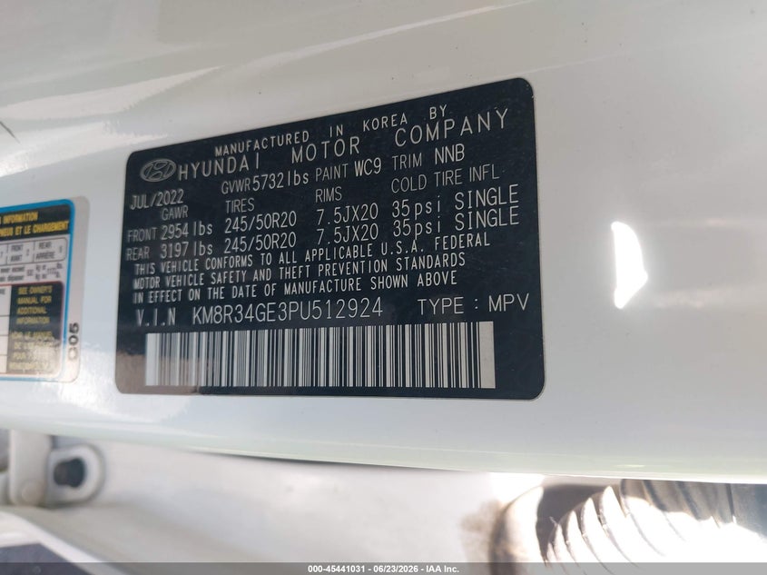 2023 Hyundai Palisade VIN KM8R34GE3PU512924 IAAI salvage auction — LEFT FRONT, Salvage Title, sold $6,000 on 2026-07-24 (photo 9)