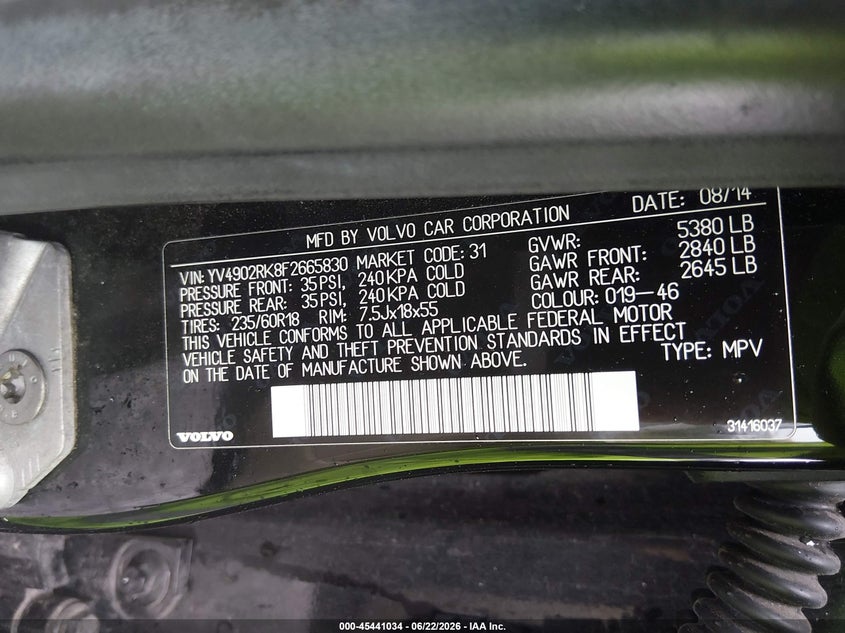 2015 Volvo Xc60 VIN YV4902RK8F2665830 IAAI salvage auction — FRONT END, Mv-907A (New York), sold $2,300 on 2026-07-09 (photo 9)