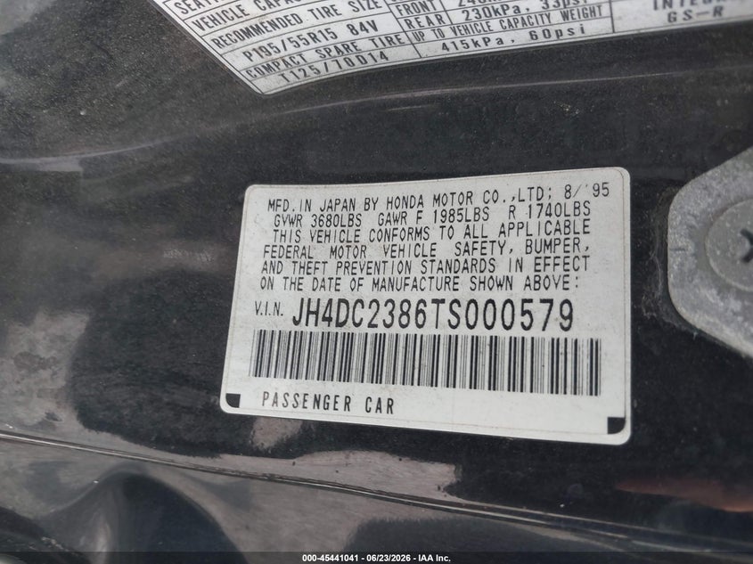 1996 Acura Integra VIN JH4DC2386TS000579 IAAI salvage auction — LEFT SIDE, Salvage (North Carolina), sold $1,250 on 2026-07-17 (photo 9)