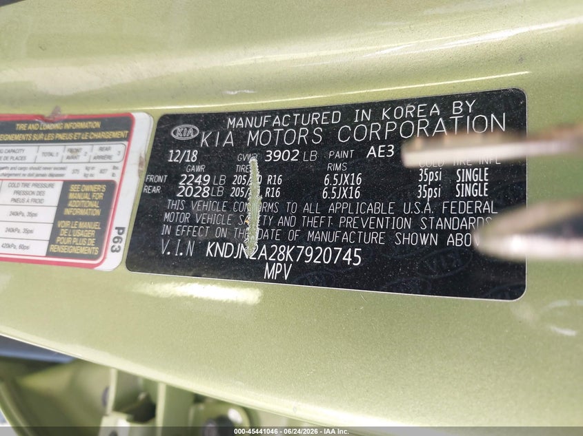 2019 Kia Soul VIN KNDJN2A28K7920745 IAAI salvage auction — ALL OVER, Salvage Title, sold $175 on 2026-07-24 (photo 9)