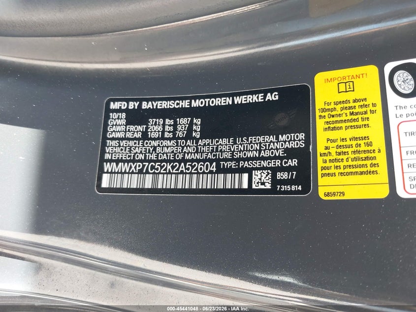 2019 Mini Hard top VIN WMWXP7C52K2A52604 IAAI salvage auction — LEFT FRONT, Salvage Title, sold $1,050 on 2026-07-28 (photo 9)