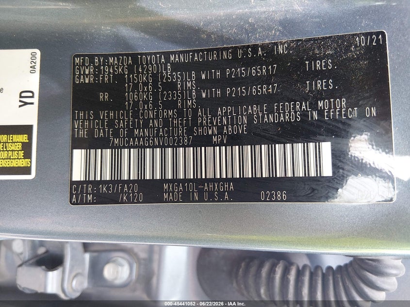 2022 Toyota Corolla cross VIN 7MUCAAAG6NV002387 IAAI salvage auction — WATER/FLOOD, Certificate Of Destruction (Louisiana), sold $8,800 on 2026-07-22 (photo 9)