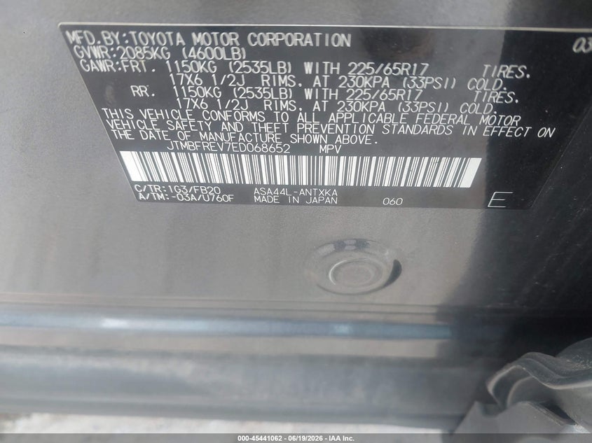 2014 Toyota Rav 4 VIN JTMBFREV7ED068652 IAAI salvage auction — NORMAL WEAR, Clear (Virginia), sold $4,000 on 2026-07-29 (photo 9)