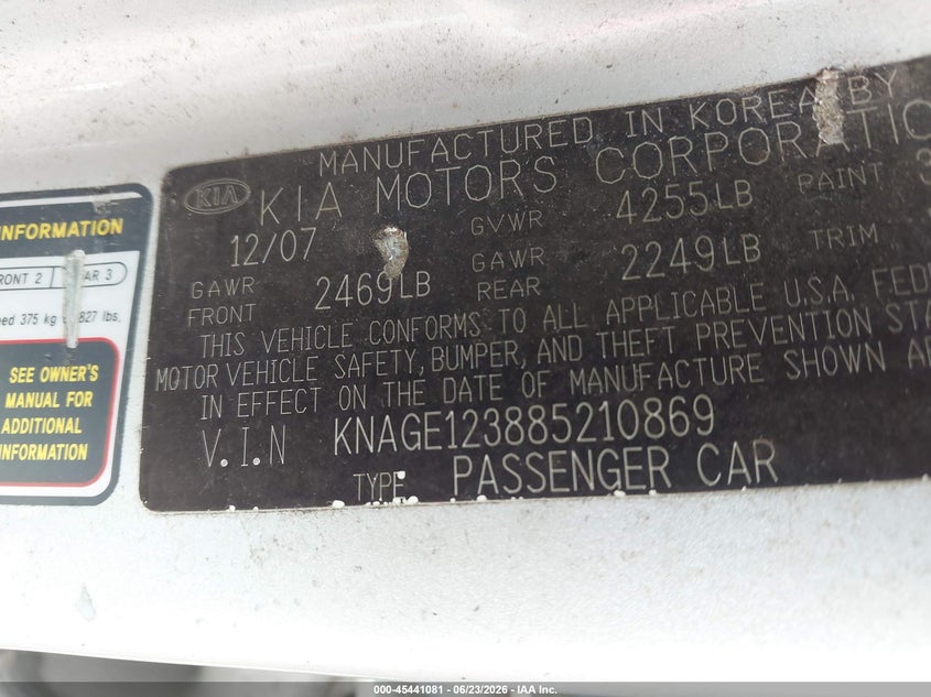 2008 Kia Optima VIN KNAGE123885210869 IAAI salvage auction — NORMAL WEAR, Clear (Virginia), sold $550 on 2026-07-27 (photo 9)