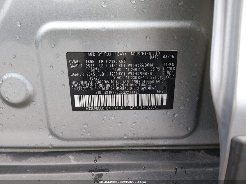 2016 Subaru Outback VIN 4S4BSBJC5G3211495 IAAI salvage auction — ROOF, Clear (Arkansas), sold $2,750 on 2026-07-05 (photo 9)