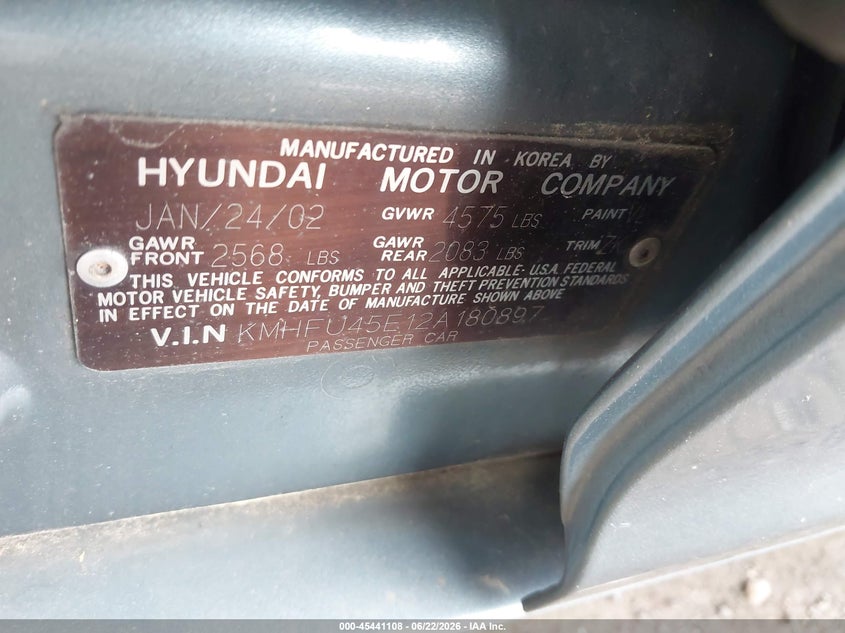 2002 Hyundai Xg VIN KMHFU45E12A180897 IAAI salvage auction — FRONT END, Clear (New York), sold $450 on 2026-07-28 (photo 9)