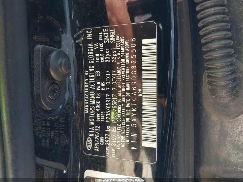 2013 Kia Sorento VIN 5XYKTCA69DG325508 IAAI salvage auction — NORMAL WEAR, Clear (New York), sold $750 on 2026-07-15 (photo 9)