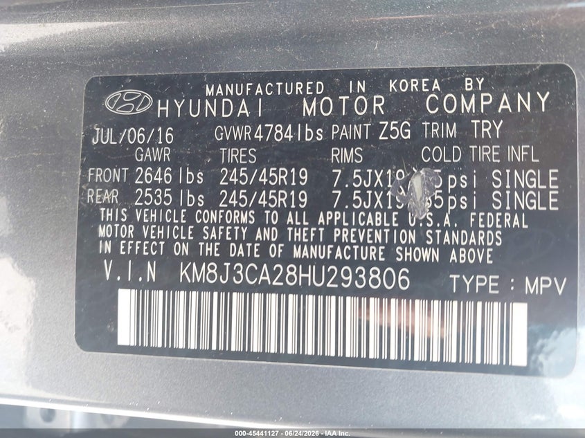 2017 Hyundai Tucson VIN KM8J3CA28HU293806 IAAI salvage auction — HAIL, Clear (Wisconsin), sold $5,650 on 2026-07-16 (photo 9)