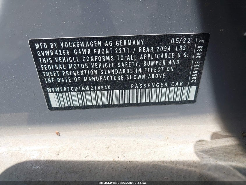 2022 Volkswagen Golf gti VIN WVW287CD1NW216940 IAAI salvage auction — WATER/FLOOD, Mv-907A (New York), sold $10,275 on 2026-07-14 (photo 9)
