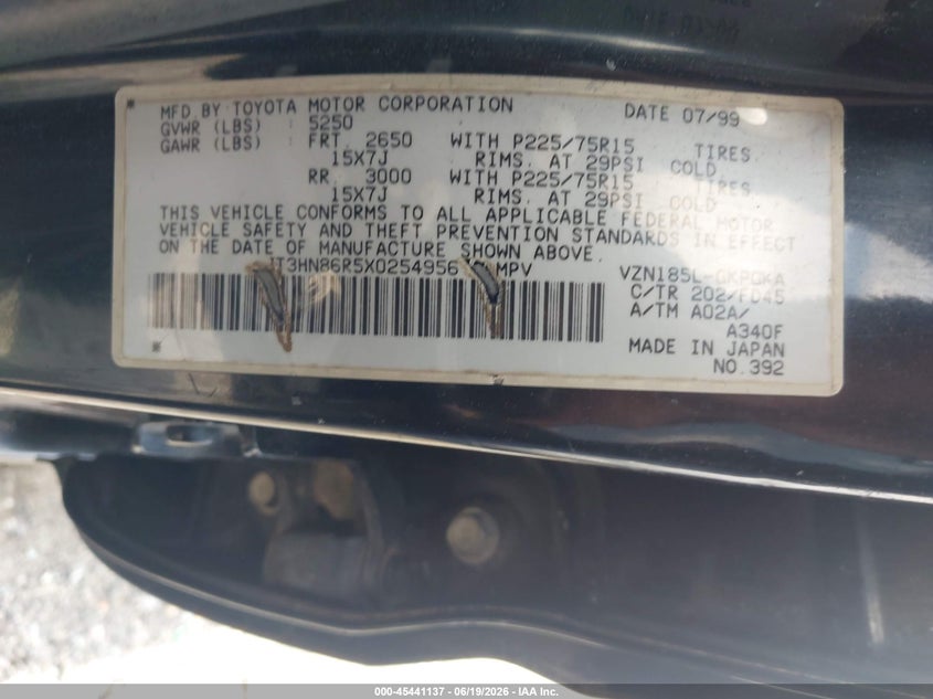 1999 Toyota 4runner VIN JT3HN86R5X0254956 IAAI salvage auction — FRONT END, Salvage (Georgia), sold $1,200 on 2026-07-15 (photo 9)