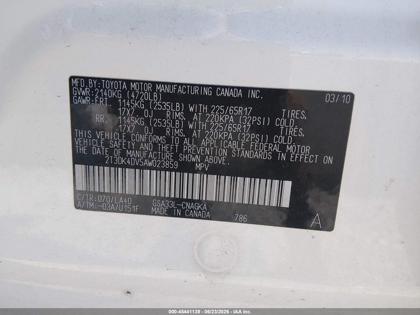 2010 Toyota Rav4 VIN 2T3DK4DV5AW023859 IAAI salvage auction — FRONT END, Salvage (Ohio), sold $900 on 2026-07-10 (photo 9)