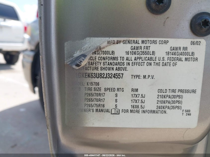 2002 Gmc Yukon VIN 1GKEK63U82J324557 IAAI salvage auction — THEFT, Salvage (Texas), sold $550 on 2026-07-12 (photo 9)