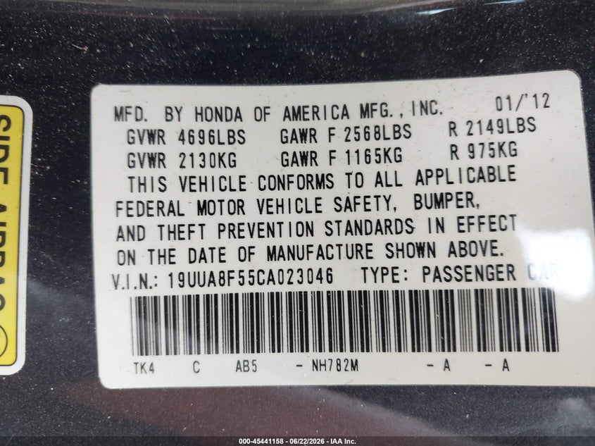2012 Acura Tl VIN 19UUA8F55CA023046 IAAI salvage auction — LEFT FRONT, Salvage (Georgia), sold $2,300 on 2026-08-29 (photo 9)