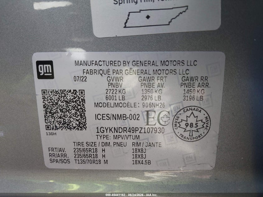 2023 Cadillac Xt5 VIN 1GYKNDR49PZ107930 IAAI salvage auction — RIGHT FRONT, Salvage Title, sold $7,300 on 2026-07-29 (photo 9)