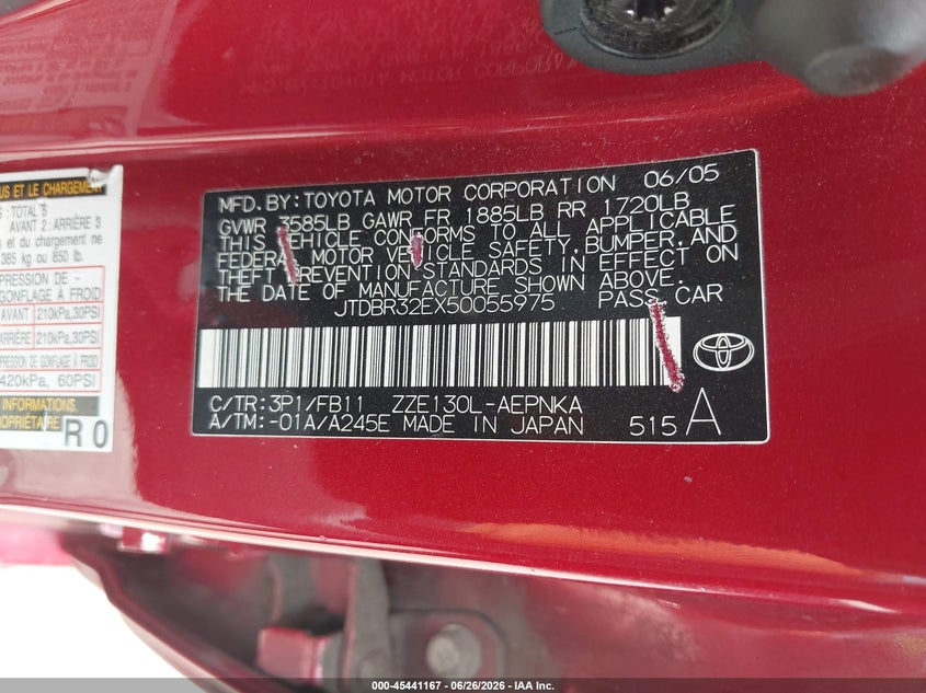 2005 Toyota Corolla VIN JTDBR32EX50055975 IAAI salvage auction — REAR END, Salvage (Texas), sold $1,000 on 2026-07-11 (photo 9)