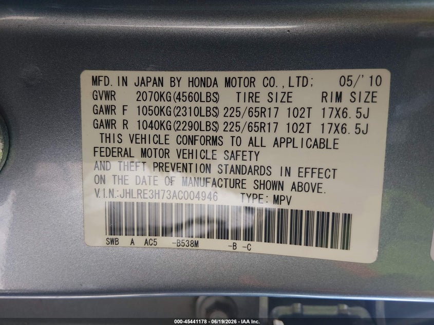 2010 Honda Cr-v VIN JHLRE3H73AC004946 IAAI salvage auction — NORMAL WEAR, Clear (Georgia), sold $2,250 on 2026-07-16 (photo 9)