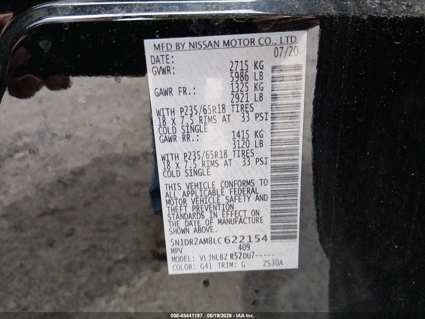 2020 Nissan Pathfinder VIN 5N1DR2AM8LC622154 IAAI salvage auction — NORMAL WEAR, Sf97 (Virginia), sold $9,250 on 2026-07-31 (photo 9)