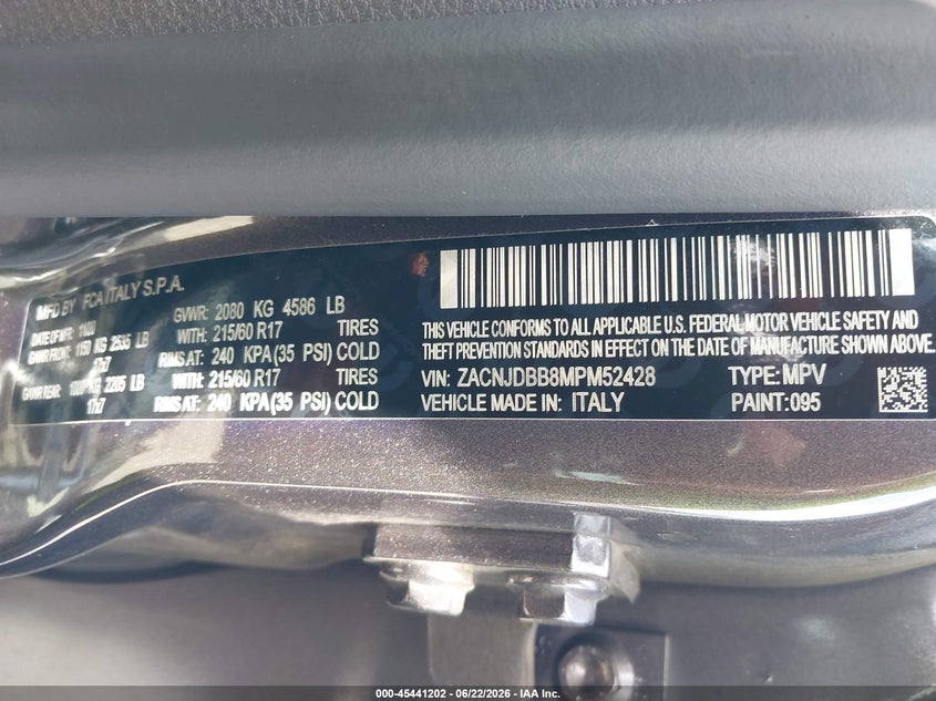 2021 Jeep Renegade VIN ZACNJDBB8MPM52428 IAAI salvage auction — RIGHT FRONT, Salvage (Ohio), sold $2,550 on 2026-07-22 (photo 9)