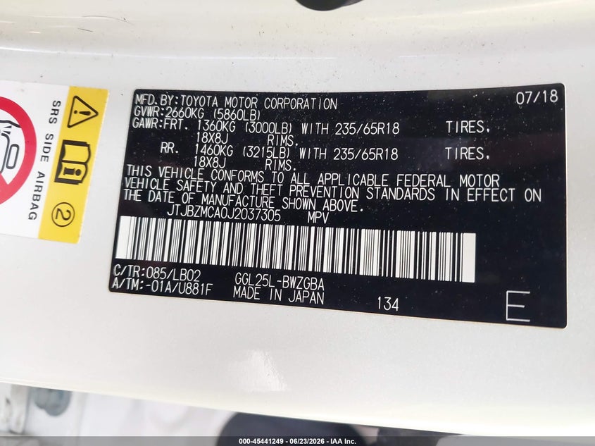 2018 Lexus Rx VIN JTJBZMCA0J2037305 IAAI salvage auction — FRONT END, Wait Title, sold $12,200 on 2026-07-31 (photo 9)