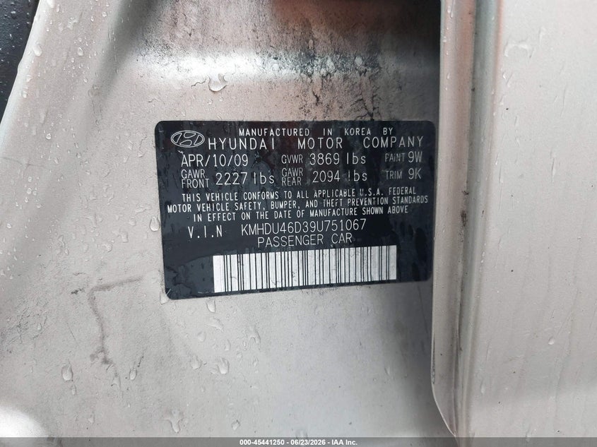 2009 Hyundai Elantra VIN KMHDU46D39U751067 IAAI salvage auction — FRONT END, Salvage (Pennsylvania), sold $625 on 2026-07-08 (photo 9)
