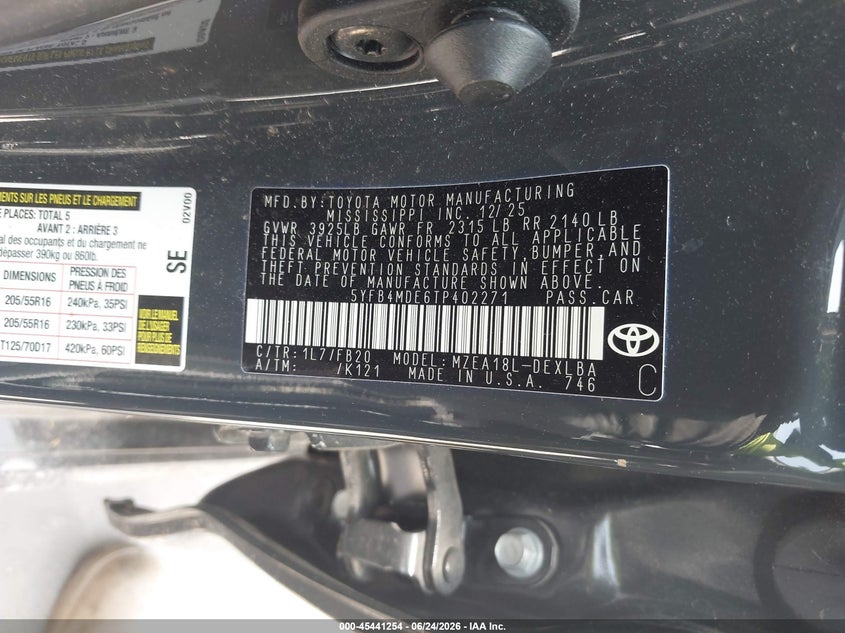 2026 Toyota Corolla VIN 5YFB4MDE6TP402271 IAAI salvage auction — FRONT & REAR, Salvage Title, sold $975 on 2026-07-14 (photo 9)