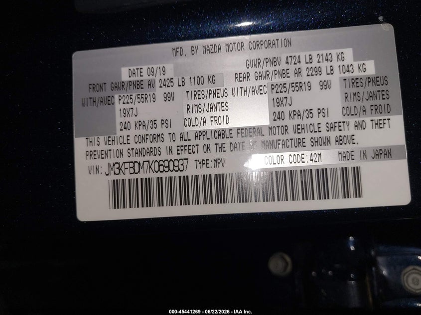 2019 Mazda Cx-5 VIN JM3KFBDM7K0690937 IAAI salvage auction — LEFT FRONT, Salvage Title, sold $6,450 on 2026-07-22 (photo 9)