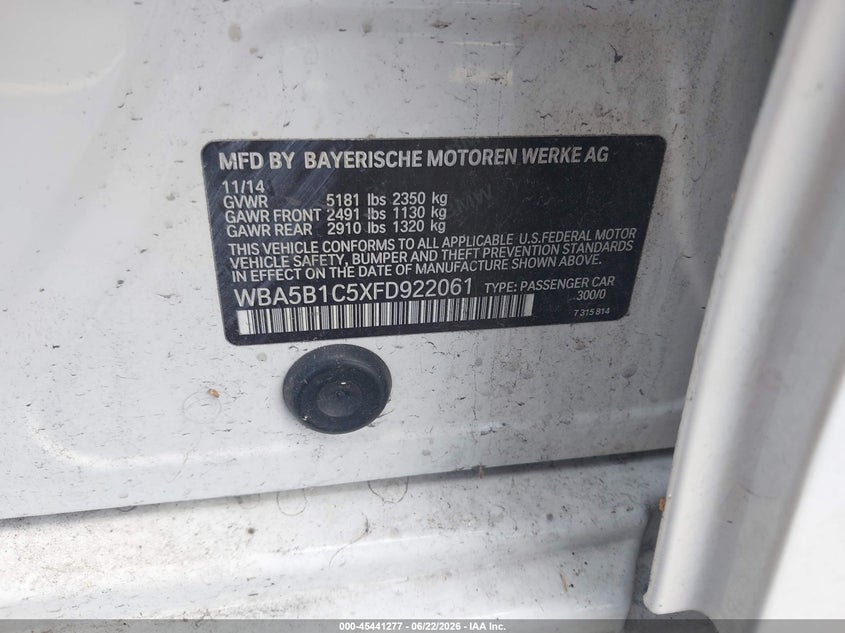 2015 BMW 5er VIN WBA5B1C5XFD922061 IAAI salvage auction — FRONT END, Rebuildable (Florida), sold $2,225 on 2026-07-23 (photo 9)