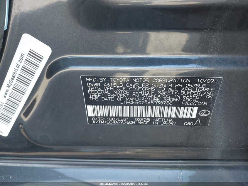 2010 Lexus Is 250 VIN JTHCF5C29A5038738 IAAI salvage auction — REAR END, Rebuildable (Florida), sold $325 on 2026-07-29 (photo 9)