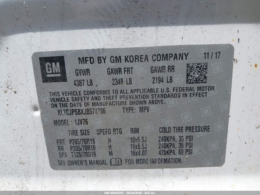 2018 Chevrolet Trax VIN KL7CJPSBXJB574786 IAAI salvage auction — RIGHT FRONT, Mv-907A (New York), sold $800 on 2026-07-08 (photo 9)