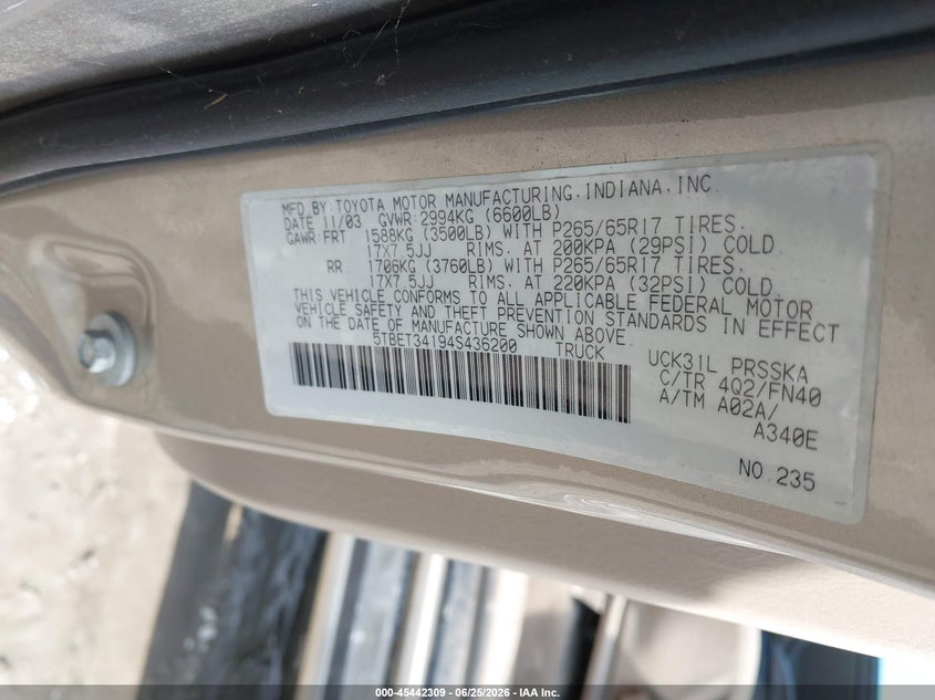 2004 Toyota Tundra VIN 5TBET34194S436200 IAAI salvage auction — LEFT REAR, Clear (Tennessee), sold $2,000 on 2026-07-14 (photo 9)