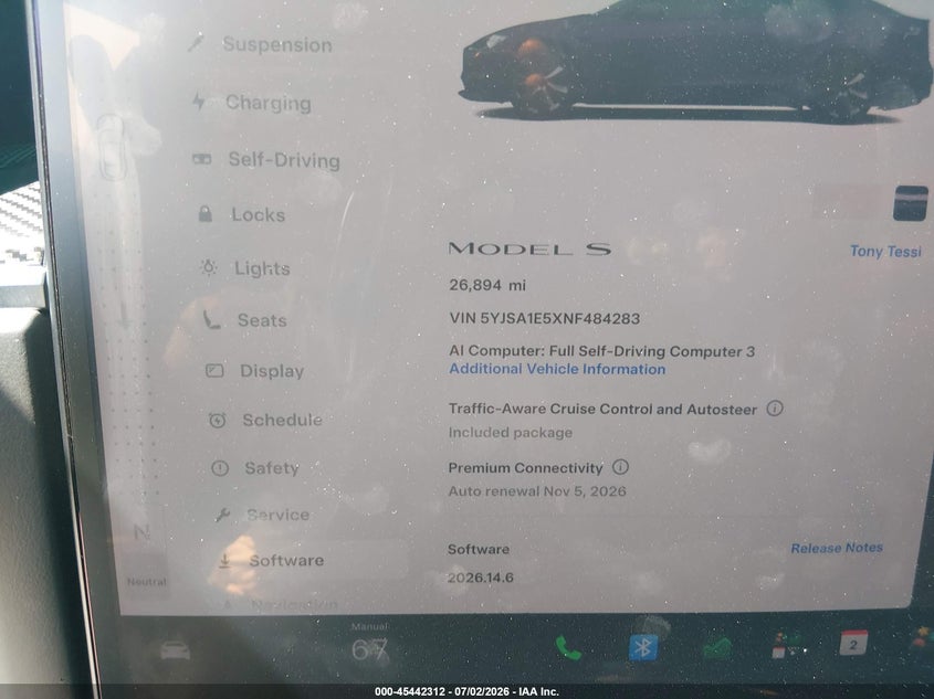 2022 Tesla Model s VIN 5YJSA1E5XNF484283 IAAI salvage auction — REAR END, Salvage Title, sold $17,600 on 2026-08-27 (photo 7)
