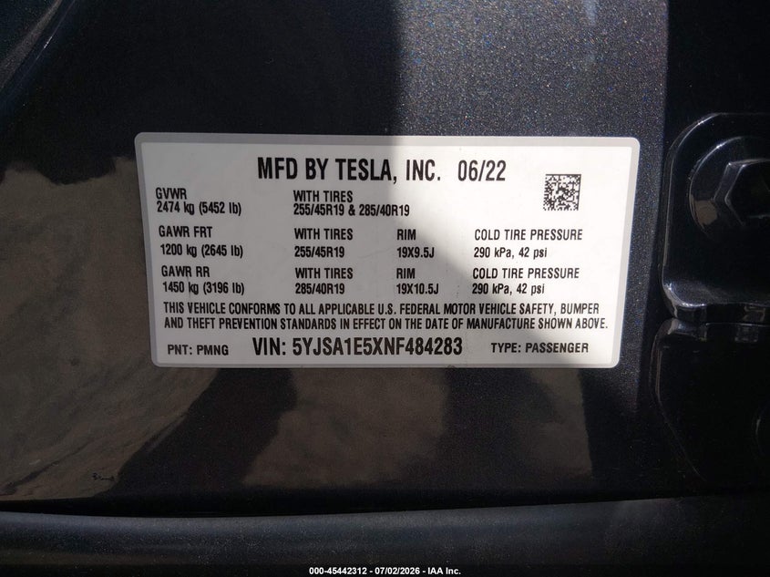 2022 Tesla Model s VIN 5YJSA1E5XNF484283 IAAI salvage auction — REAR END, Salvage Title, sold $17,600 on 2026-08-27 (photo 9)