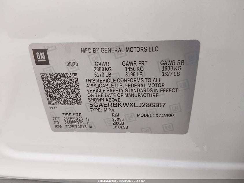 2020 Buick Enclave VIN 5GAERBKWXLJ286867 IAAI salvage auction — REAR END, Salvage Title, sold $5,800 on 2026-09-15 (photo 9)