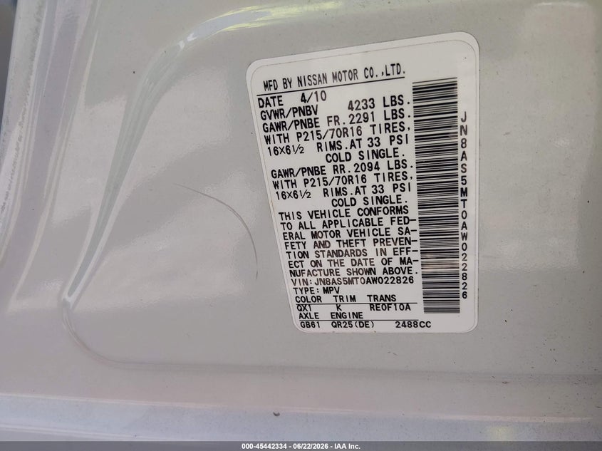 2010 Nissan Rogue sport VIN JN8AS5MT0AW022826 IAAI salvage auction — FRONT END, Bill Of Sale (Georgia), sold $600 on 2026-07-17 (photo 9)