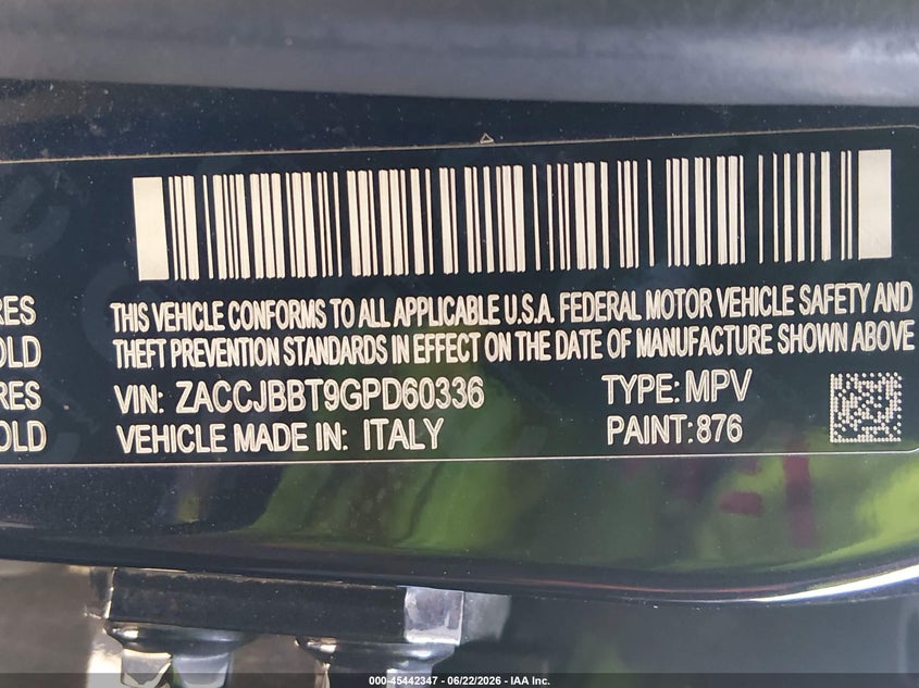 2016 Jeep Renegade VIN ZACCJBBT9GPD60336 IAAI salvage auction — FRONT END, Salvage (California), sold $1,750 on 2026-07-05 (photo 9)